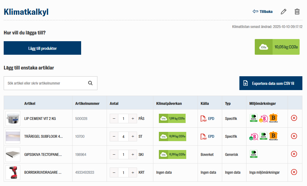 Klimatkalkyl hos NP Nilsson som visar klimatpåverkan för byggprodukter med källor från EPD och Boverket.