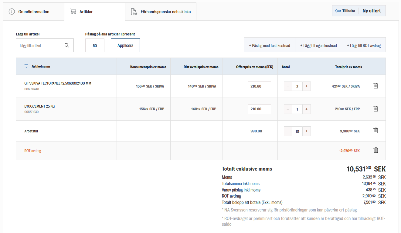 Offertverktyg hos NP Nilsson som visar byggprodukter, pris och ROT-avdrag.