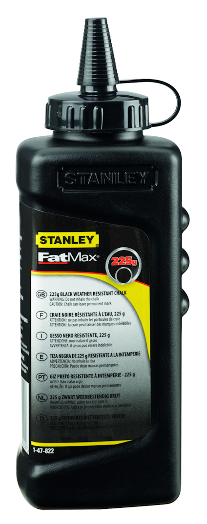 Svart flaska med STANLEY FatMax märkning; innehåller 225 g blå krita.