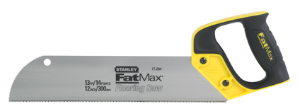 Handsaw med gult och svart handtag, märkt "Stanley FatMax Flooring Saw" med längder 13in/14tpi och 12in/300mm.