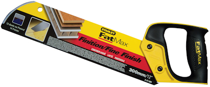 Handsåg Stanley FatMax 300mm, fin sågning, gul och svart handtag, förpackningsinformation synlig.