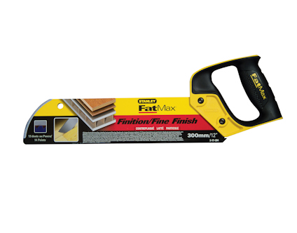 Gul och svart handverktygssåg med texten "STANLEY FatMax Finition/Fine Finish 300mm/12"" och illustration av träskivor.