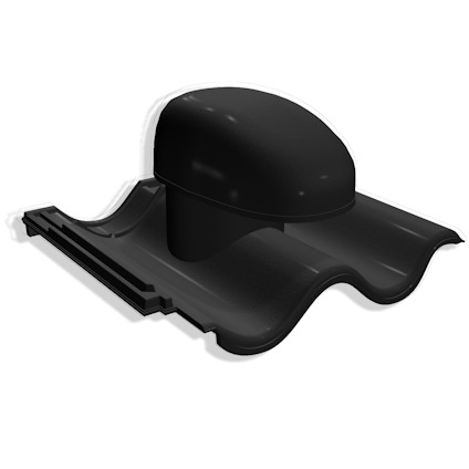 Glaserad titansvart avloppsluftare av lertegel med vågformad design och en rundad topp.