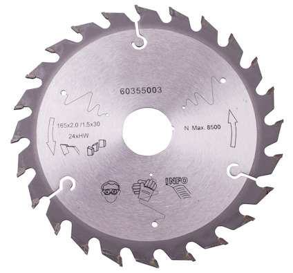Cirkelsågklinga med 24 tänder, max 8500 RPM. Symboler för skyddsglasögon och korrekt montering. Text: 60355003, 165x2.0/1.5