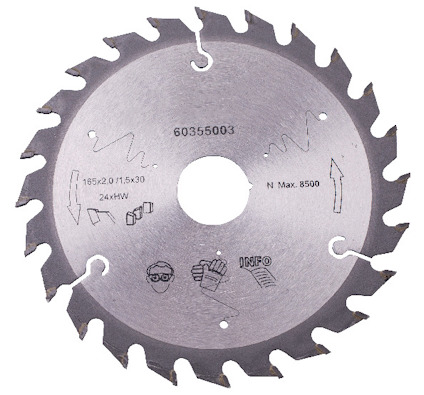 Cirkelsågblad med 24 tänder, modellnummer 60355003, max. 8500 varv/minut. Säkerhetsikoner och specifikationer synliga.