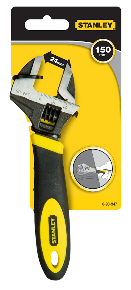 Justerbar skiftnyckel på gul och svart förpackning med texten "STANLEY" och "150 mm".
