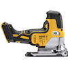 Gul och svart DEWALT sticksåg, modellnummer DCS335, med ergonomiskt handtag och justerbar sula.