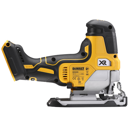 Gul och svart DEWALT sticksåg, modellnummer DCS335, med ergonomiskt handtag och justerbar sula.