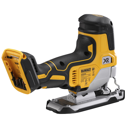Gul och svart sladdlös sticksåg med texten "DEWALT DCS335 XR".