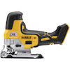 Sladdlös sticksåg i gul och svart design med grått sågblad och silverfärgad basplatta. Märkt XR och DeWalt.