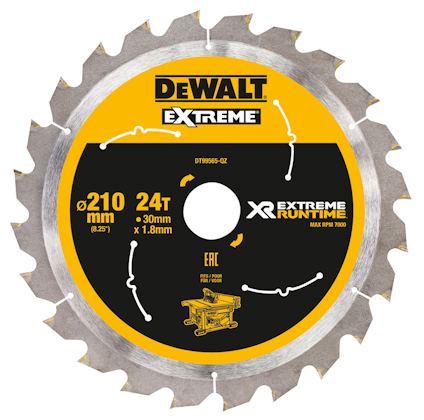 Cirkulär sågklinga med tandad kant, gult och svart färgtema med text: "DEWALT EXTREME 210mm 24T XR EXTREME RUNTIME".