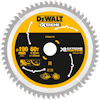 Cirkulär sågklinga med gul och svart mittdel, märkning "DEWALT EXTREME" och tekniska specifikationer i vitt.
