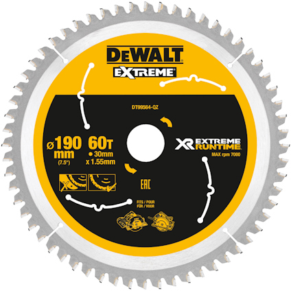 Cirkulär sågklinga med gul och svart mittdel, märkning "DEWALT EXTREME" och tekniska specifikationer i vitt.