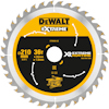 Sågklinga med gul och svart centrum, tänder längs kanterna, märkt "DEWALT Extreme" och "36T, 210mm x 30mm".