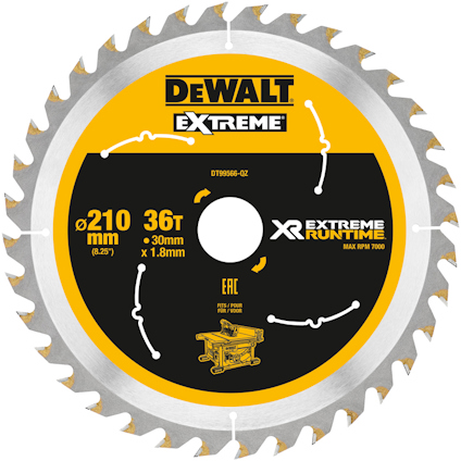 Sågklinga med gul och svart centrum, tänder längs kanterna, märkt "DEWALT Extreme" och "36T, 210mm x 30mm".