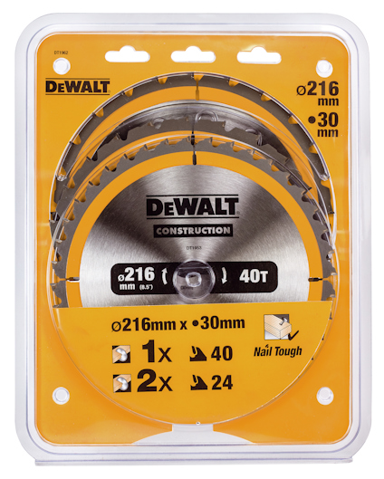 Cirkelsågblad från DeWalt, diameter 216 mm, två med 24 tänder och ett med 40 tänder, förpackade i plastfodral.