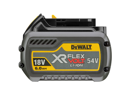 Uppladdningsbart batteri DeWalt XR Flex Volt 18V/54V Li-Ion 6.0Ah med gul och svart design.