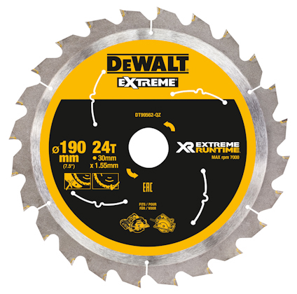 Cirkulär sågklinga med gul och svart etikett, texten "DEWALT EXTREME XR" och "190mm 24T".