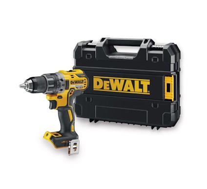 Sladdlös borrskruvdragare med svart-gult handtag och svart förvaringsväska med DEWALT-logotyp.