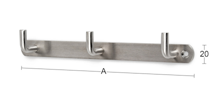 Kroklist i metall med tre krokar. Måttangivelse A. Höjd 20 mm.