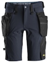 Mörkblå shorts med avtagbara fickor och svarta detaljer, framifrån. Text på linningen: "WORKWEAR".