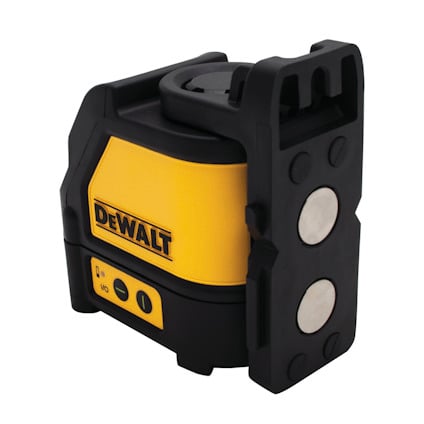 Gul och svart laserverktyg med märket "DeWalt", två magneter på sidan och knappar på framsidan.
