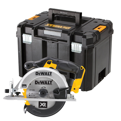 Cirkelsåg och svart verktygslåda med DeWalt-logotyp.