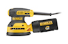 Excenterslipmaskin i gul och svart med dammpåse och strömsladd. Text på dammpåse och maskin: "DEWALT".