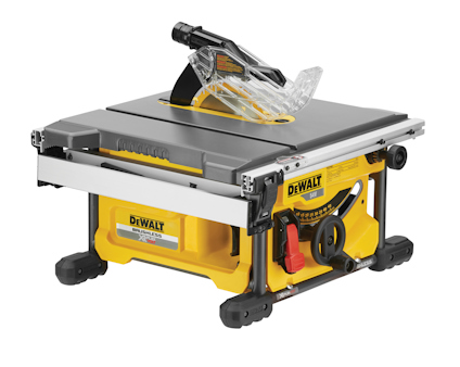 Bordssåg med gulbaserad design, svart reglage, och genomskinligt skydd över sågbladet. Märkt med "DEWALT".