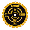 Cirkelsågklinga med gula och svarta detaljer, text inklusive "DEWALT" och symboler för användning.