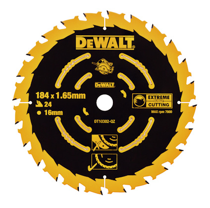 Cirkelsågklinga med gula och svarta detaljer, text inklusive "DEWALT" och symboler för användning.