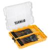 Plastlåda med genomskinligt lock, märkt "DEWALT", innehållande ett set med nio flatborrar med svarta blad.