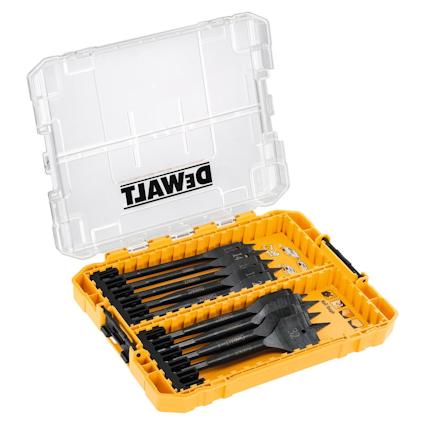 Plastlåda med genomskinligt lock, märkt "DEWALT", innehållande ett set med nio flatborrar med svarta blad.