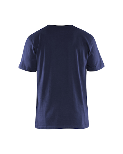 Marinblå t-shirt sedd bakifrån.