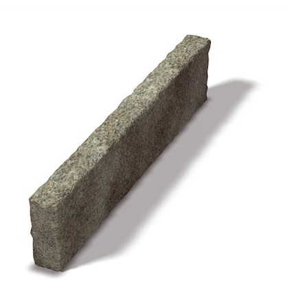 En rödaktig kantsten med grov yta och rektangulär form sedd diagonalt ovanifrån. Skugga på vit bakgrund.