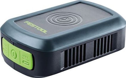 Svart och grå mobilladdare med grön knapp och ventiler på sidan, märkt med "FESTOOL".