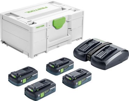 Laddare och fyra batterier med tillhörande förvaringsbox.