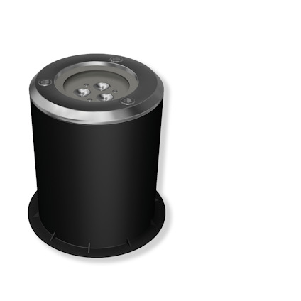 Svart cylinderformad infälld spotlight med tre LED-lampor och en transparent glasöversida.