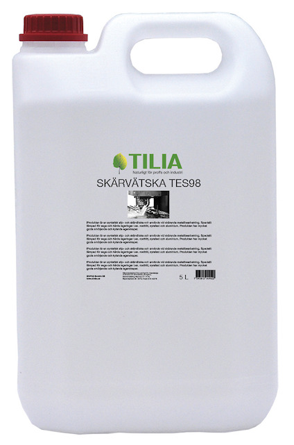 Vit plastdunk med röd skruvkork och etikett med texten "TILIA SKÄRVÄTSKA TES98 5L".