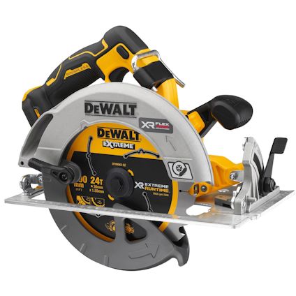 Cirkelsåg i gult och svart med DEWALT-logo och XR FLEXVOLT märken. Sawbladet har text: "190 mm 24T".
