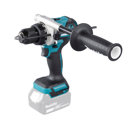 En blå och svart sladdlös slagborrmaskin från Makita med sidohandtag och batterifäste utan batteri.