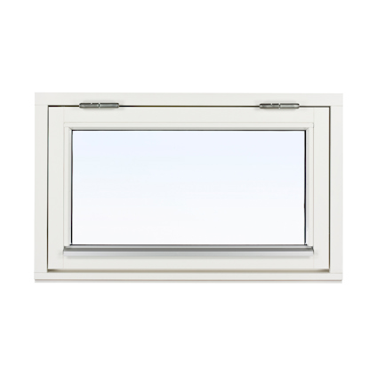 Vit, rektangulärt topphängt fönster med öppningsbart glas och metallgångjärn upptill.