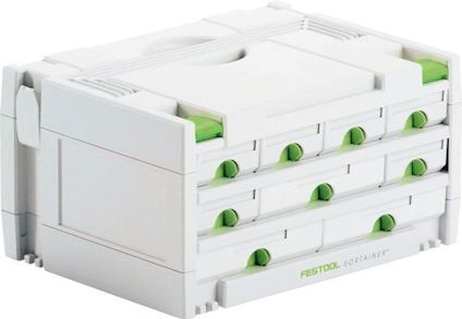 Vit och grön förvaringslåda med flera utdragbara fack och handtag på topp och sidor. Text: "Festool SORTAINER".