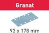 Slipppapper med sex runda hål, ovanför texten "Granat", och måtten 93 x 178 mm under.