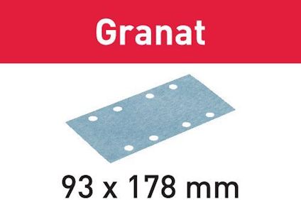 Slipppapper med sex runda hål, ovanför texten "Granat", och måtten 93 x 178 mm under.
