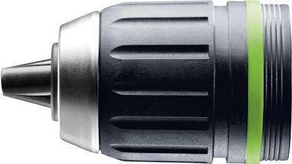 Metall- och plastchuck med gängad anslutning och grön detalj.