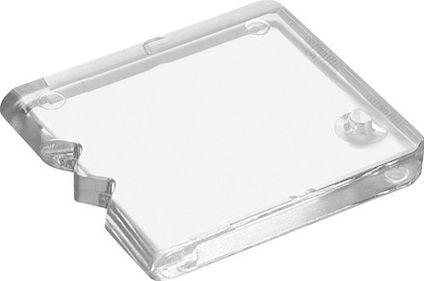 Transparent rektangulärt skydd i plast med rundade hörn och små upphöjda fästen.