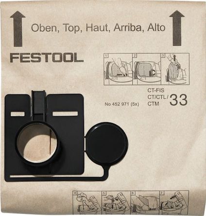 Filtersäck för dammsugare Festool CT 33 med instruktioner och text på flera språk.
