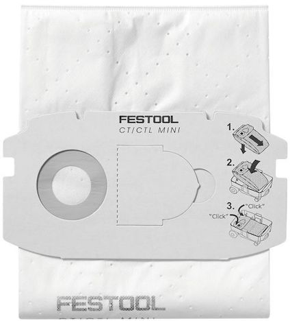 Vit filtersäck med texten "FESTOOL CT/CTL MINI" och montageanvisningar i svart tryck.