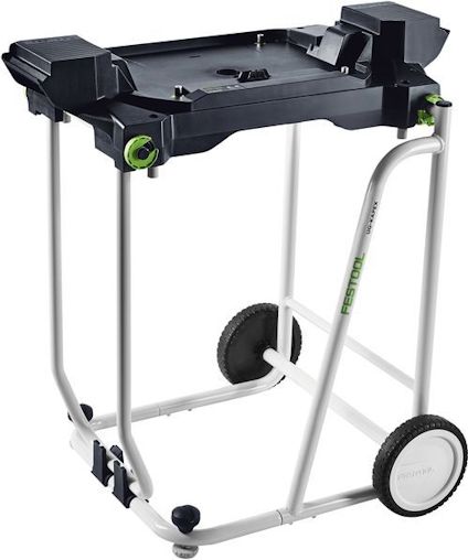 Svart och vitt stativ med hjul och stödhandtag, märkt med "Festool".